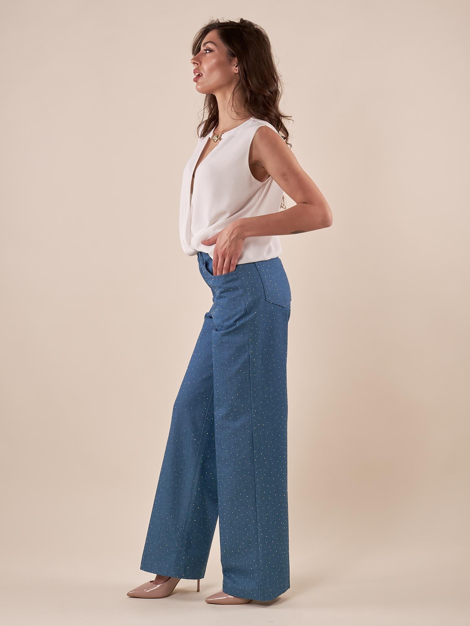 Pantalone donna a palazzo con strass e tasche. PA001931 BLU ARTIGLI 