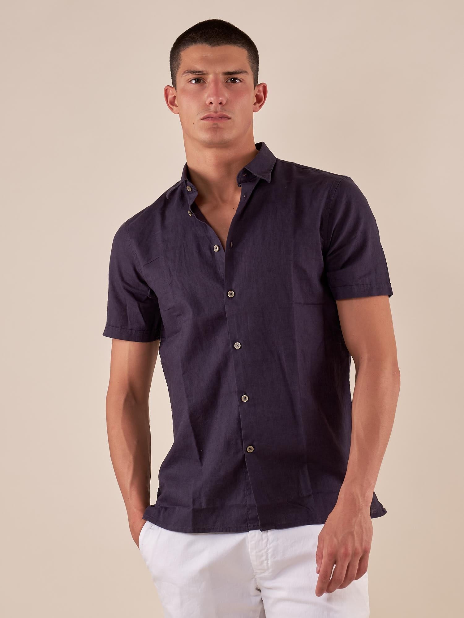 Camicia da uomo manica corta in misto lino. CE1261H BLU HAMAKI-HO 