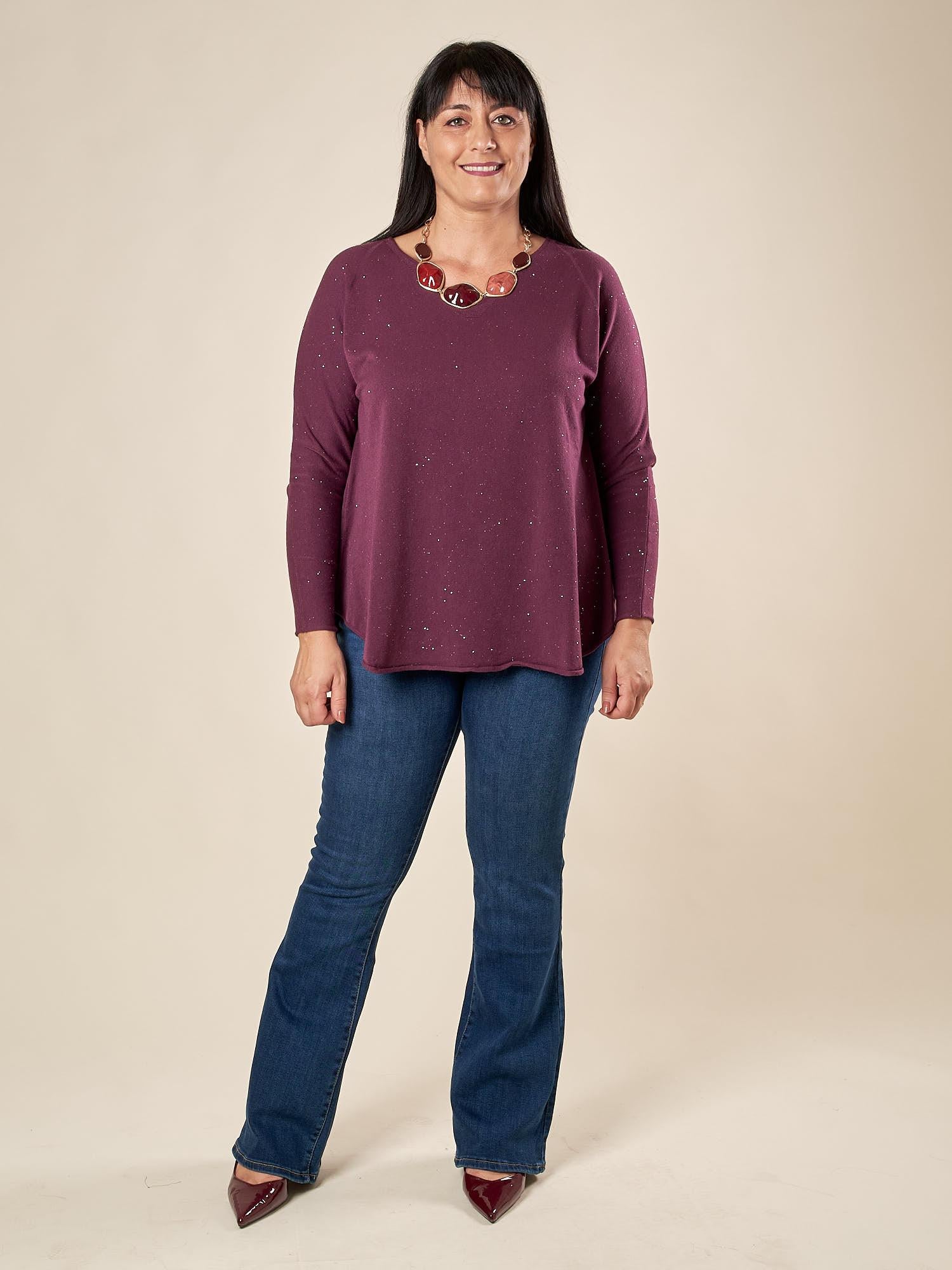 Maglia Donna Curvy in Viscosa  Scollo a V, Manica Raglan e Micro Paillettes Tono su Tono. F768YBFAZ23804 BURGUNDY Lizalù 