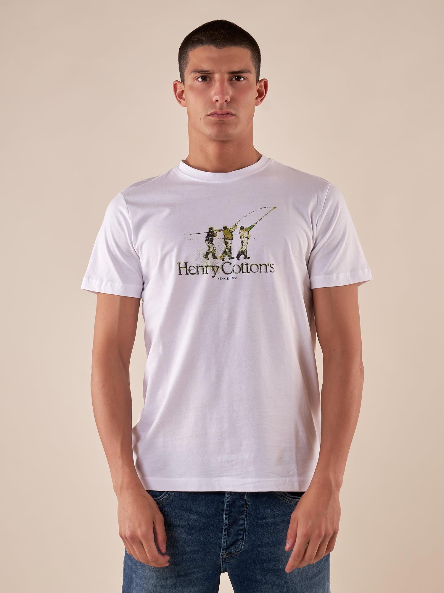 T-shirt Uomo manica corta in cotone 100% con logo stampato a contrasto. TS616035 BIANCO Henry Cotton's 