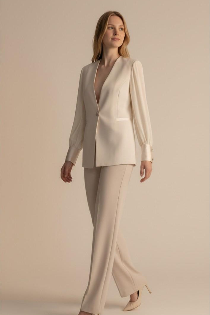 Giacca donna in tessuto crepe con maniche lunghe velate e dettagli gioiello GI004353 VANIGLIA ARTIGLI Donna 