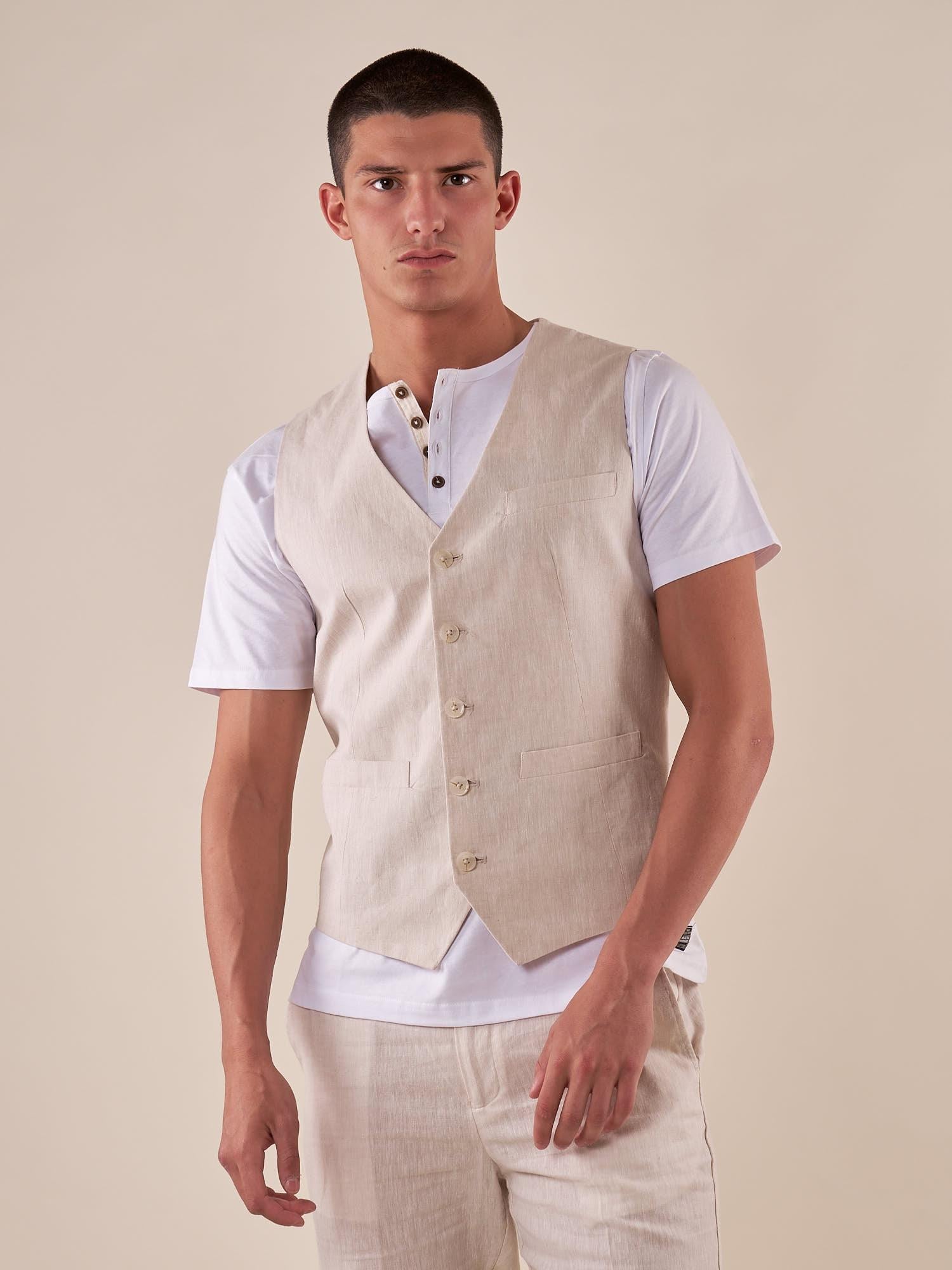 Gilet da Uomo in misto lino con tasca e taschino con friso. GLE01H BEIGE HAMAKI-HO 