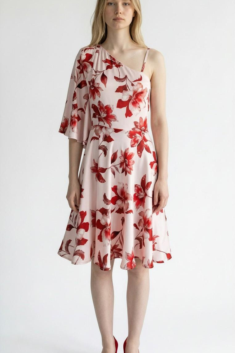 Abito Donna Monospalla in Fantasia Floreale Lunghezza al Ginocchio AB004381 CIPRIA/ROSSO ARTIGLI Donna 