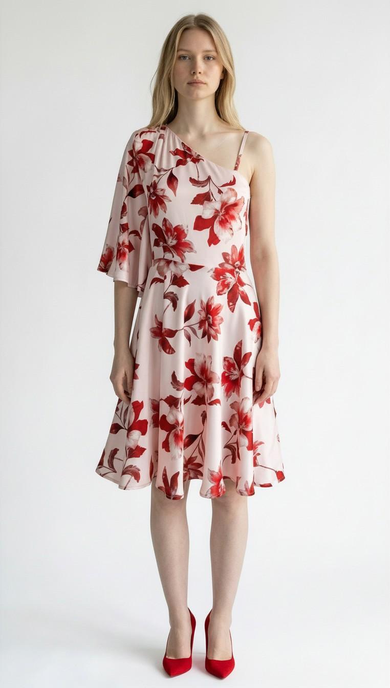 Abito Donna Monospalla in Fantasia Floreale Lunghezza al Ginocchio AB004381 CIPRIA/ROSSO ARTIGLI Donna 