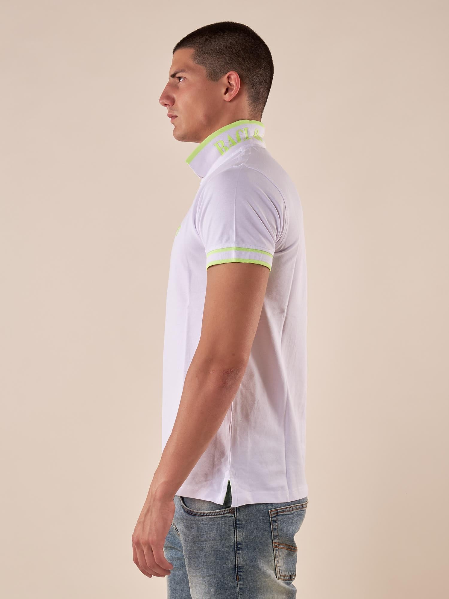 Polo Uomo in Cotone Piquet a Manica Corta con Dettagli Fluo e Logo sul Colletto. BAM1421 BIANCO BACI & ABBRACCI 