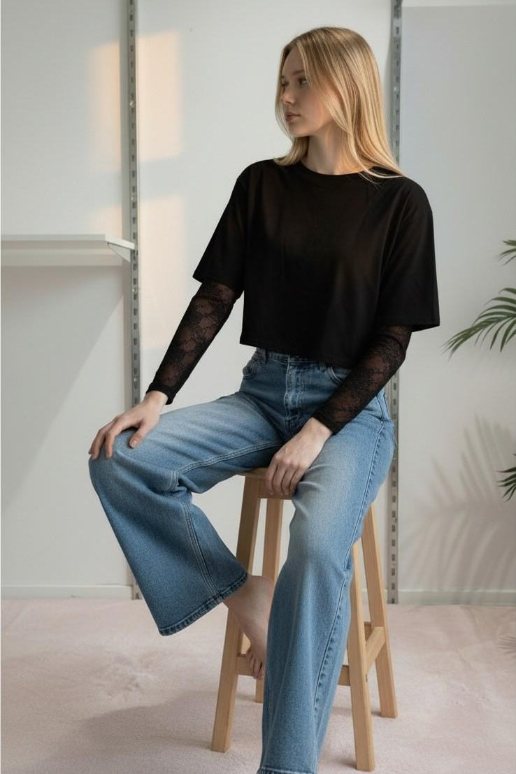 T-shirt Donna Manica Corta Ampia con Body in Pizzo a Manica Lunga 76372 NERO VINCE OTTO 