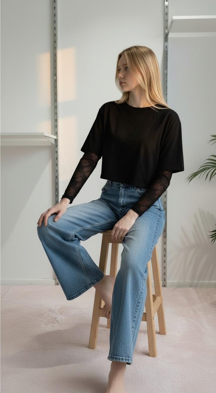 T-shirt Donna Manica Corta Ampia con Body in Pizzo a Manica Lunga 76372 NERO VINCE OTTO 