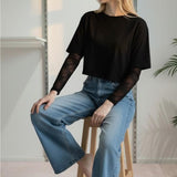 T-shirt Donna Manica Corta Ampia con Body in Pizzo a Manica Lunga 76372 NERO VINCE OTTO 