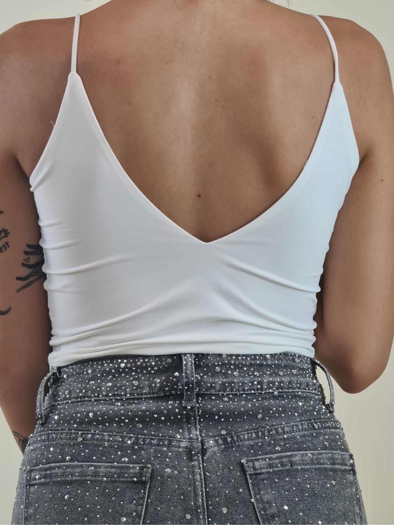 Top Donna a Spallina Stretta Corto Effetto Second Skin. V7333B BIANCO VINCE OTTO 