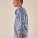 Camicia da uomo in lino e cotone a manica lunga con collo alla coreana. M49069 CIELO GUY 