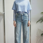 T-shirt Donna Manica Corta Ampia con Body in Pizzo a Manica Lunga 76372 AZZURRO VINCE OTTO 