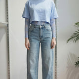 T-shirt Donna Manica Corta Ampia con Body in Pizzo a Manica Lunga 76372 AZZURRO VINCE OTTO 