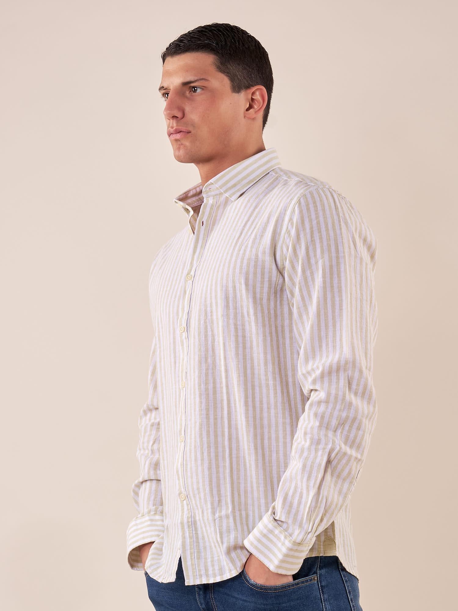 Camicia manica lunga rigata misto lino collo con bottoncino a scomparsa uomo. OC1S2S5C11 BAMBOO OVER-D Uomo 