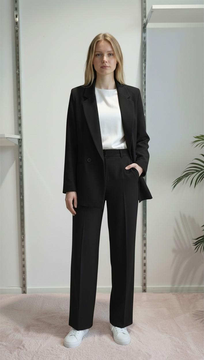 Pantalone da donna modello largo in tessuto crêpe con vita alta e mezzo elastico. DR5038/PANT NERO REver 