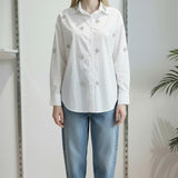 Camicia Donna in Cotone Manica Lunga Over Fit con Applicazione di Pietre R49/102958 BIANCO EXTASY 