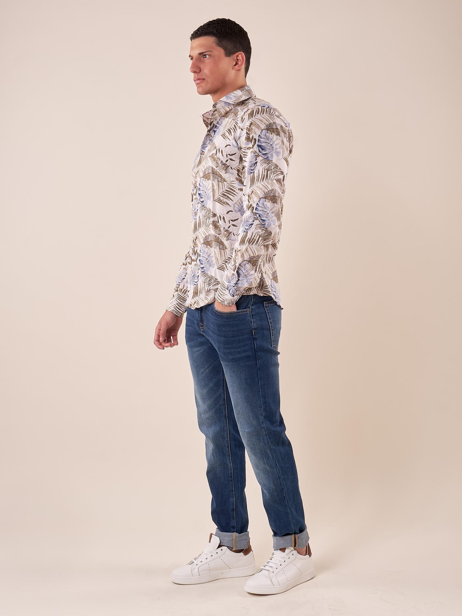 Camicia manica linga misto lino fantasia uomo, DM9391 BEIGE DATCH 