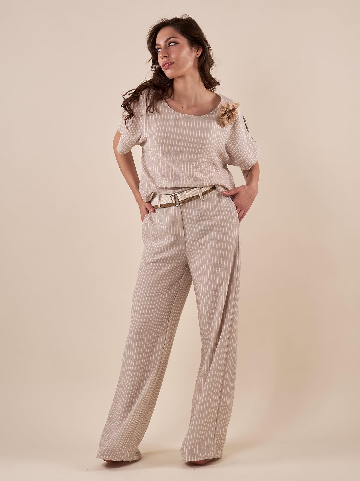 Pantalone Donna largo in tessuto rigato con cintura abbinata. PG419P/EST309EC BEIGE EXTASY 