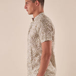 Camicia da Uomo Manica Corta Fantasia Floreale Collo Coreano in Lino e Cotone. CE1277H BEIGE HAMAKI-HO 
