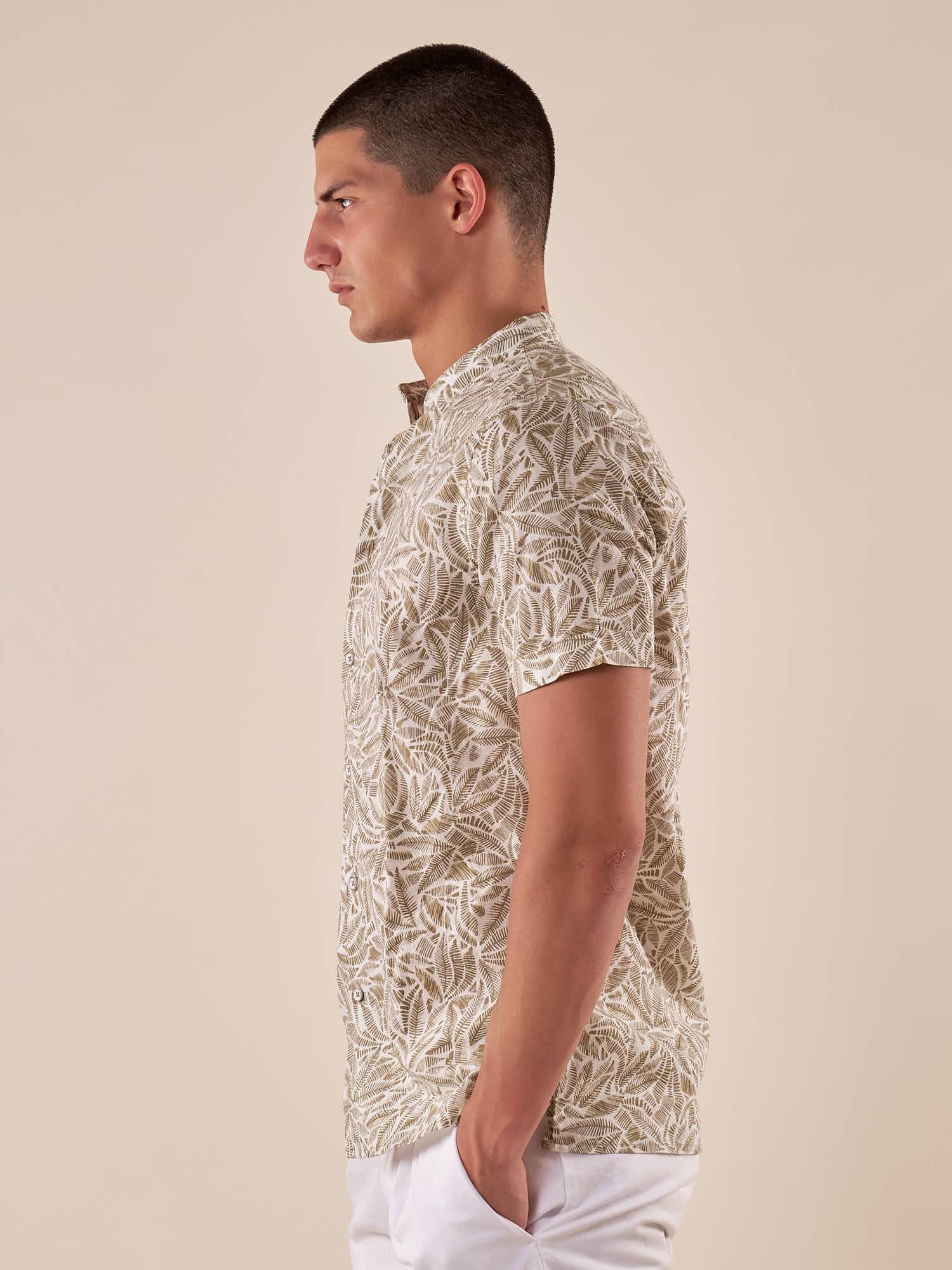 Camicia da Uomo Manica Corta Fantasia Floreale Collo Coreano in Lino e Cotone. CE1277H BEIGE HAMAKI-HO 