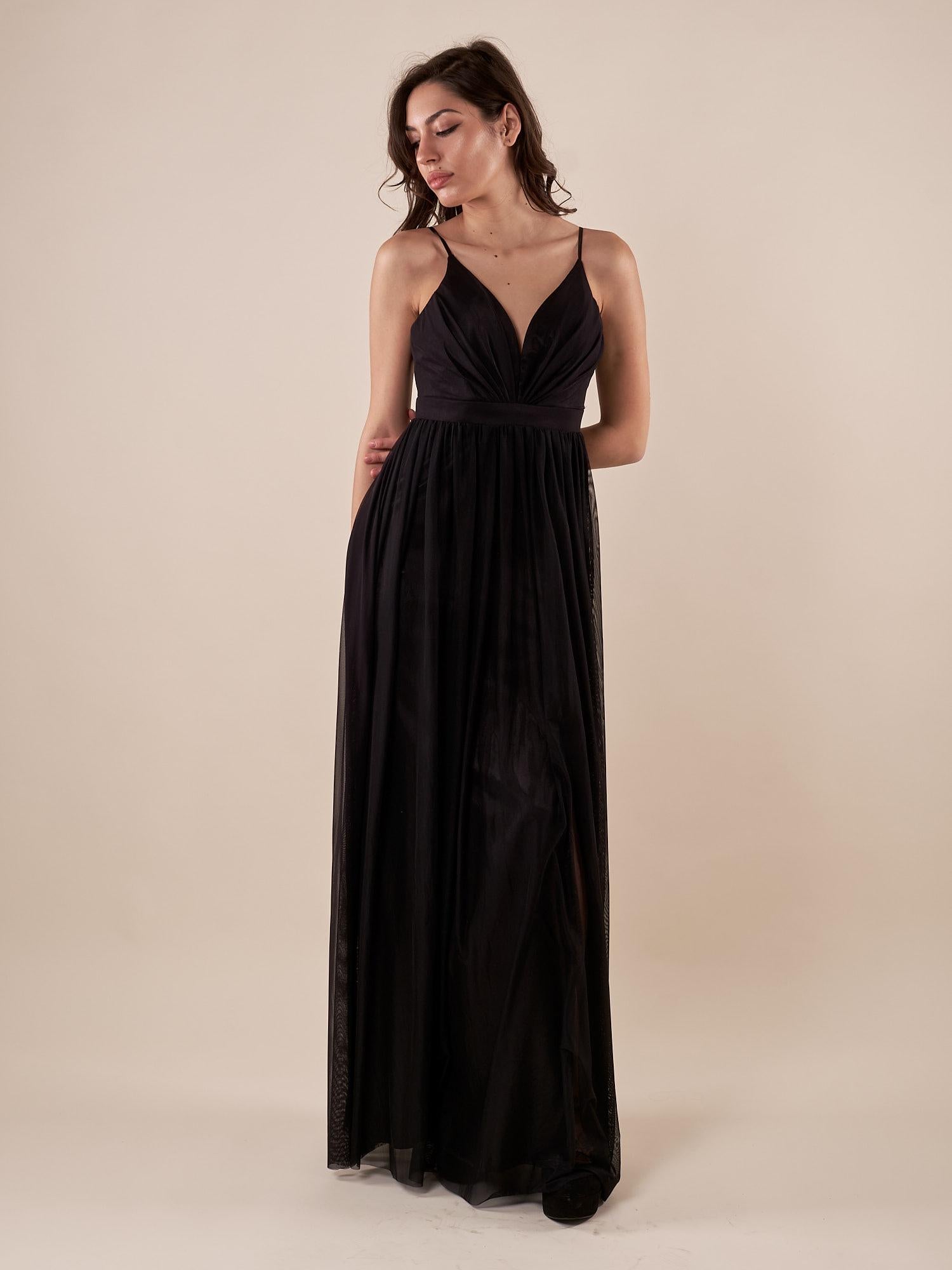 Abito lungo Donna cerimonia con pieghe su corpetto. AB002161 NERO ARTIGLI 