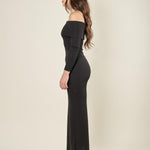 Abito lungo donna con scollo Shiffer e spacco posteriore. Sensualità ed eleganza in un solo capo. AB003159 NERO ARTIGLI 