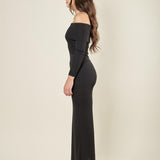 Abito lungo donna con scollo Shiffer e spacco posteriore. Sensualità ed eleganza in un solo capo. AB003159 NERO ARTIGLI 