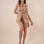 Gilet donna lungo in raso di cotone con cintura GL000844 CAMMELLO ARTIGLI 