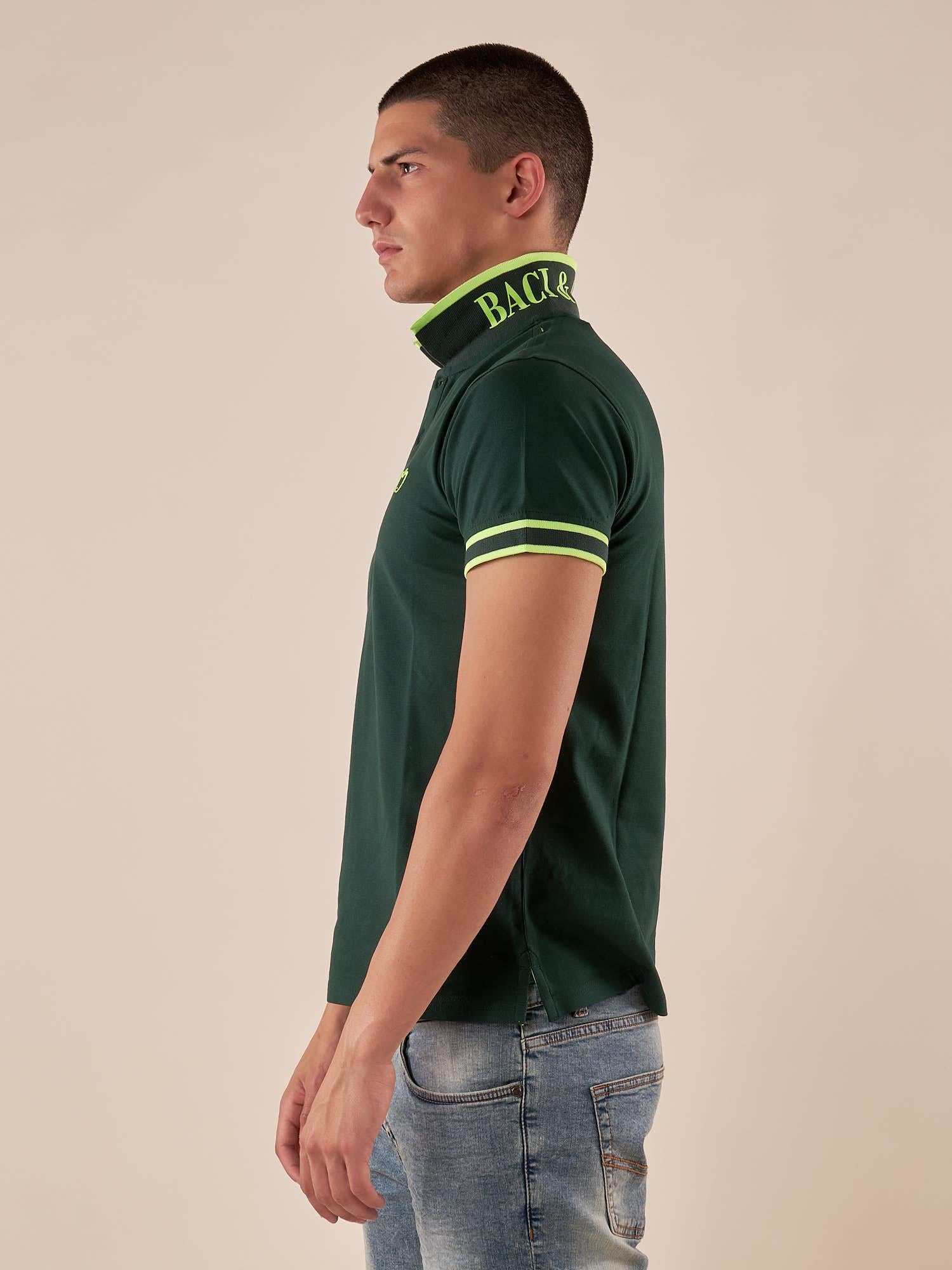 Polo Uomo in Cotone Piquet a Manica Corta con Dettagli Fluo e Logo sul Colletto. BAM1421 HUNTER GREEN BACI & ABBRACCI Uomo 