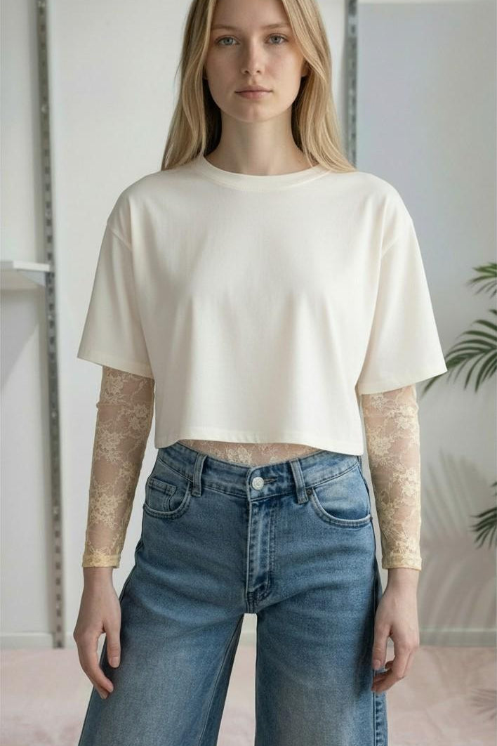 T-shirt Donna Manica Corta Ampia con Body in Pizzo a Manica Lunga 76372 PANNA VINCE OTTO 