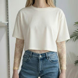 T-shirt Donna Manica Corta Ampia con Body in Pizzo a Manica Lunga 76372 PANNA VINCE OTTO 