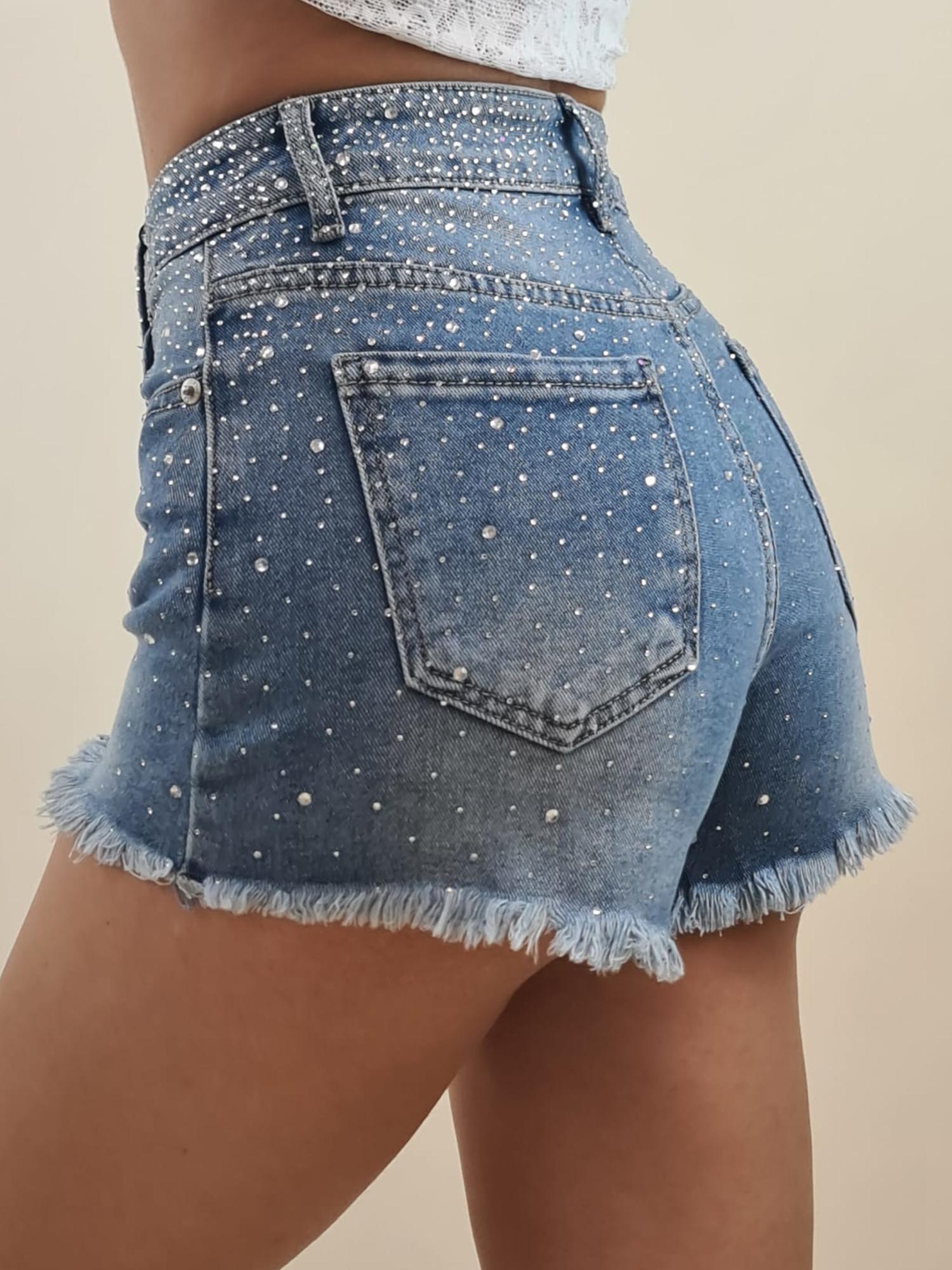 Shorts Donna in Jeans Elasticizzato con Brillantini e Sfrangiature. AMR/LS9337EC JEANS EXTASY 