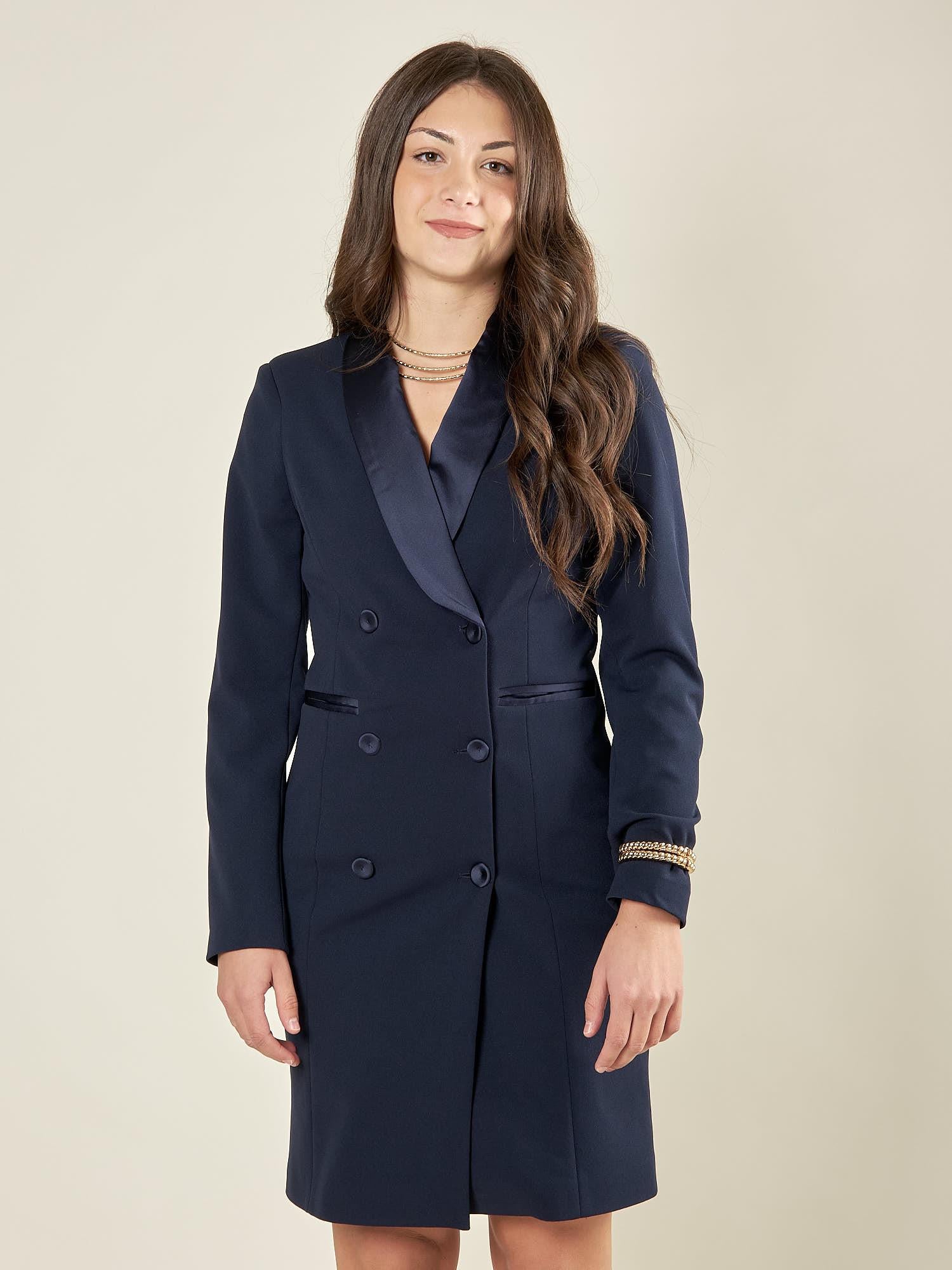 Abito donna doppiopetto con rever in raso e bottoni rivestiti. Eleganza senza tempo AB003477 BLU ARTIGLI 