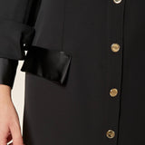 Abito midi donna con abbottonatura frontale e dettagli in raso. Eleganza romantica e stile raffinato. AB003215 NERO ARTIGLI 