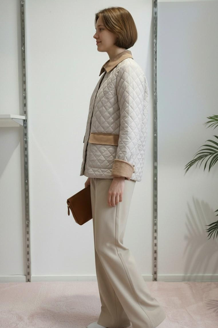 Spiller corto da donna bicolore trapuntato con collo e tasche. SAMARA BEIGE METEORE 