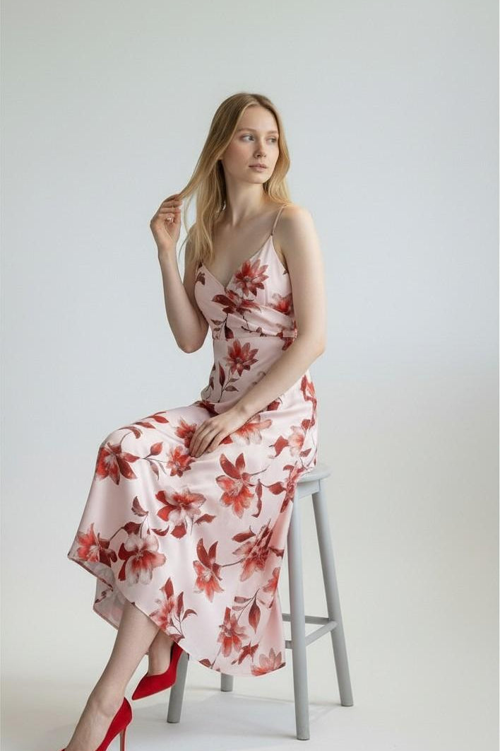 Abito Donna Lungo Elegante con Bretellina in Fantasia Floreale e Pannello Sovrapposto AB004380 CIPRIA/ROSSO ARTIGLI Donna 