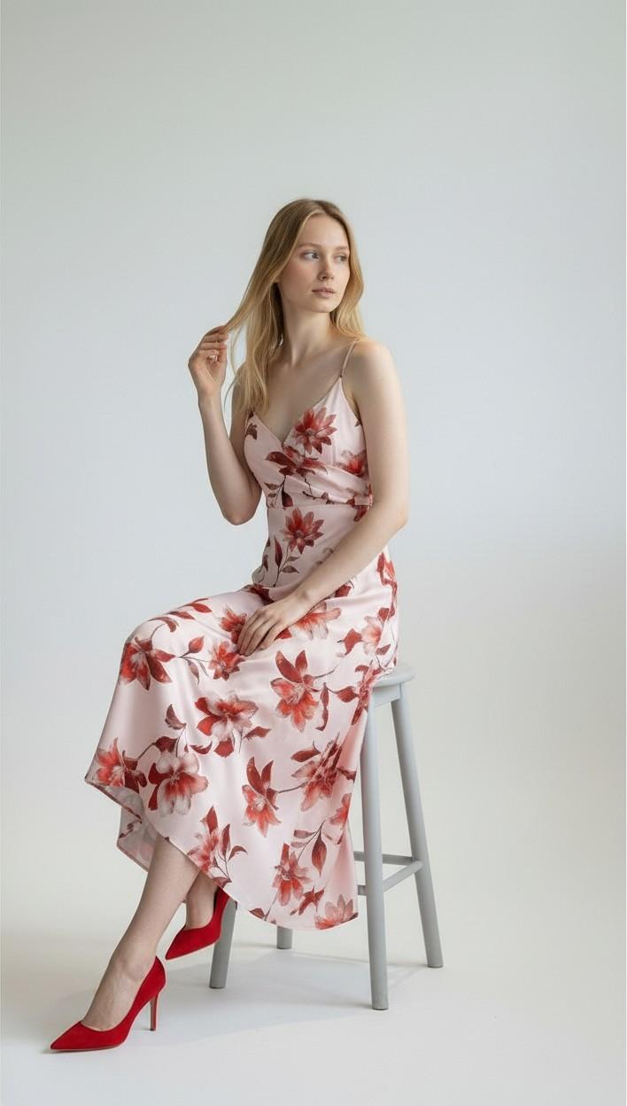 Abito Donna Lungo Elegante con Bretellina in Fantasia Floreale e Pannello Sovrapposto AB004380 CIPRIA/ROSSO ARTIGLI Donna 