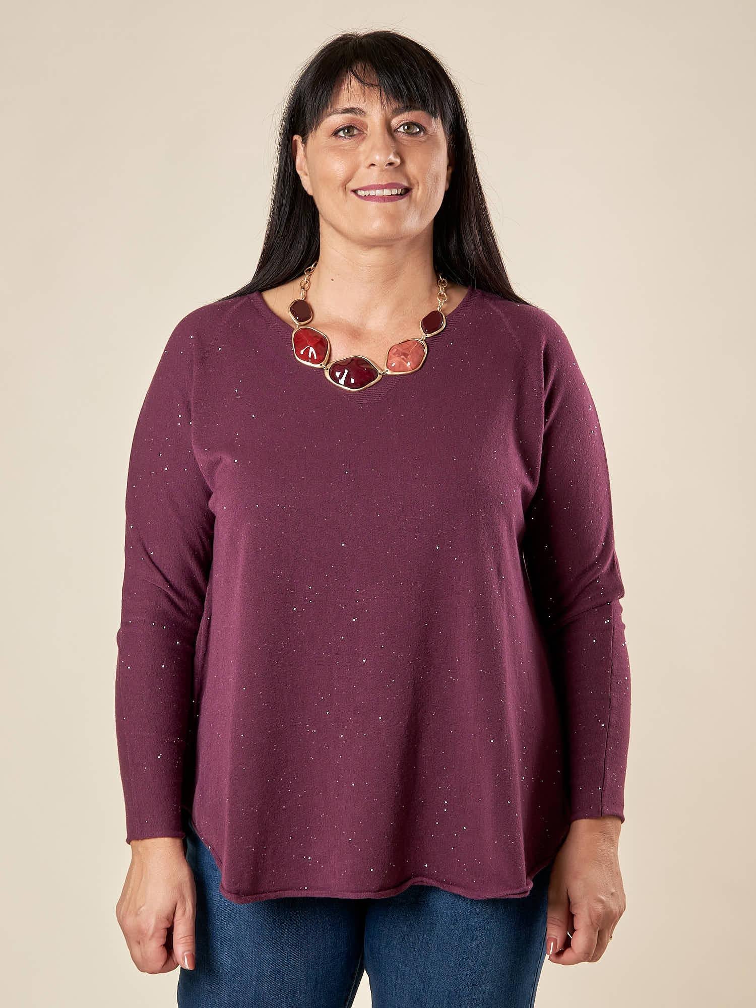 Maglia Donna Curvy in Viscosa  Scollo a V, Manica Raglan e Micro Paillettes Tono su Tono. F768YBFAZ23804 BURGUNDY Lizalù 