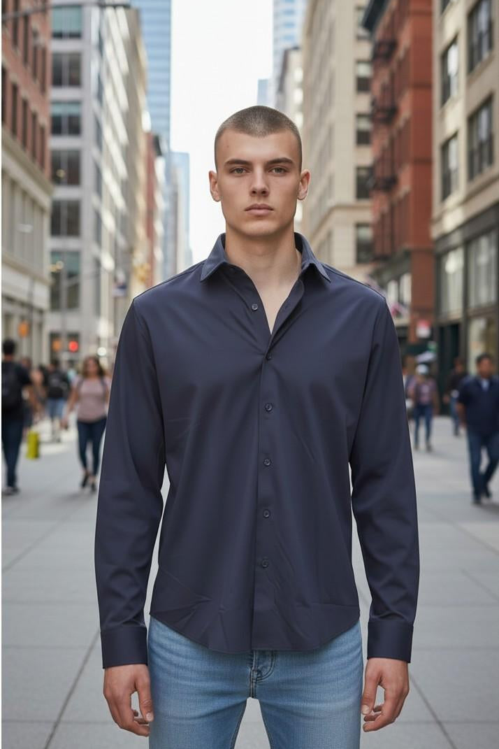 Camicia Uomo No Stiro in Jersey Ultra Stretch Manica Lunga. CON5413426 NAVY CONSENSO 