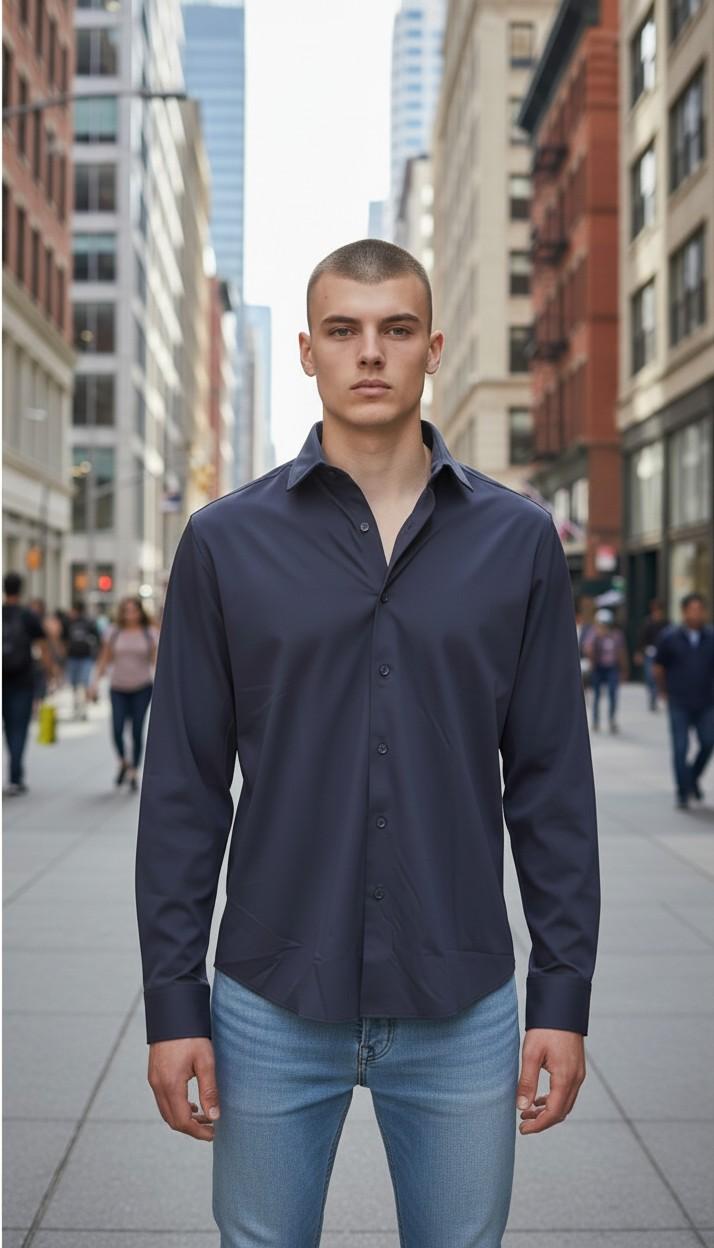 Camicia Uomo No Stiro in Jersey Ultra Stretch Manica Lunga. CON5413426 NAVY CONSENSO 