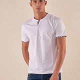 T-Shirt Uomo Manica Corta Finto Serafino con Riporti Fantasia  100% Cotone BAM5454 BIANCO BACI & ABBRACCI 