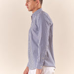 Camicia da uomo a righe in cotone elasticizzato manica lunga vestibilità regular con riprese sul retro. CE1270H BLU HAMAKI-HO 