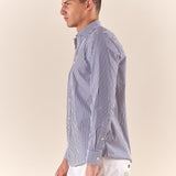 Camicia da uomo a righe in cotone elasticizzato manica lunga vestibilità regular con riprese sul retro. CE1270H BLU HAMAKI-HO 