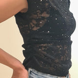 Top Donna Corto in Pizzo Trasparente a Manica Corta. V8515 NERO VINCE OTTO 