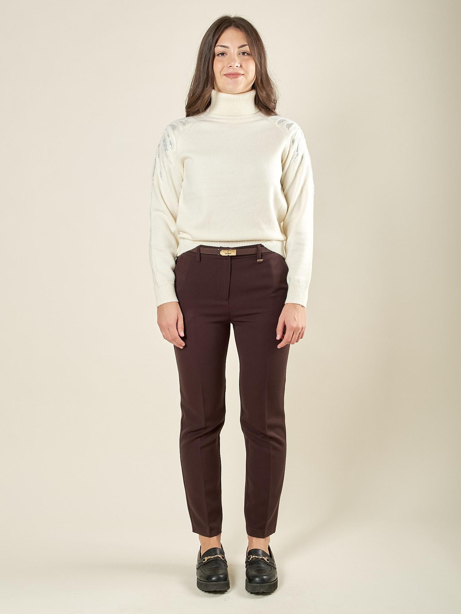 Pantalone donna a sigaretta in tessuto manolana. Eleganza essenziale e comfort sartoriale. PA003190 CACAO ARTIGLI 