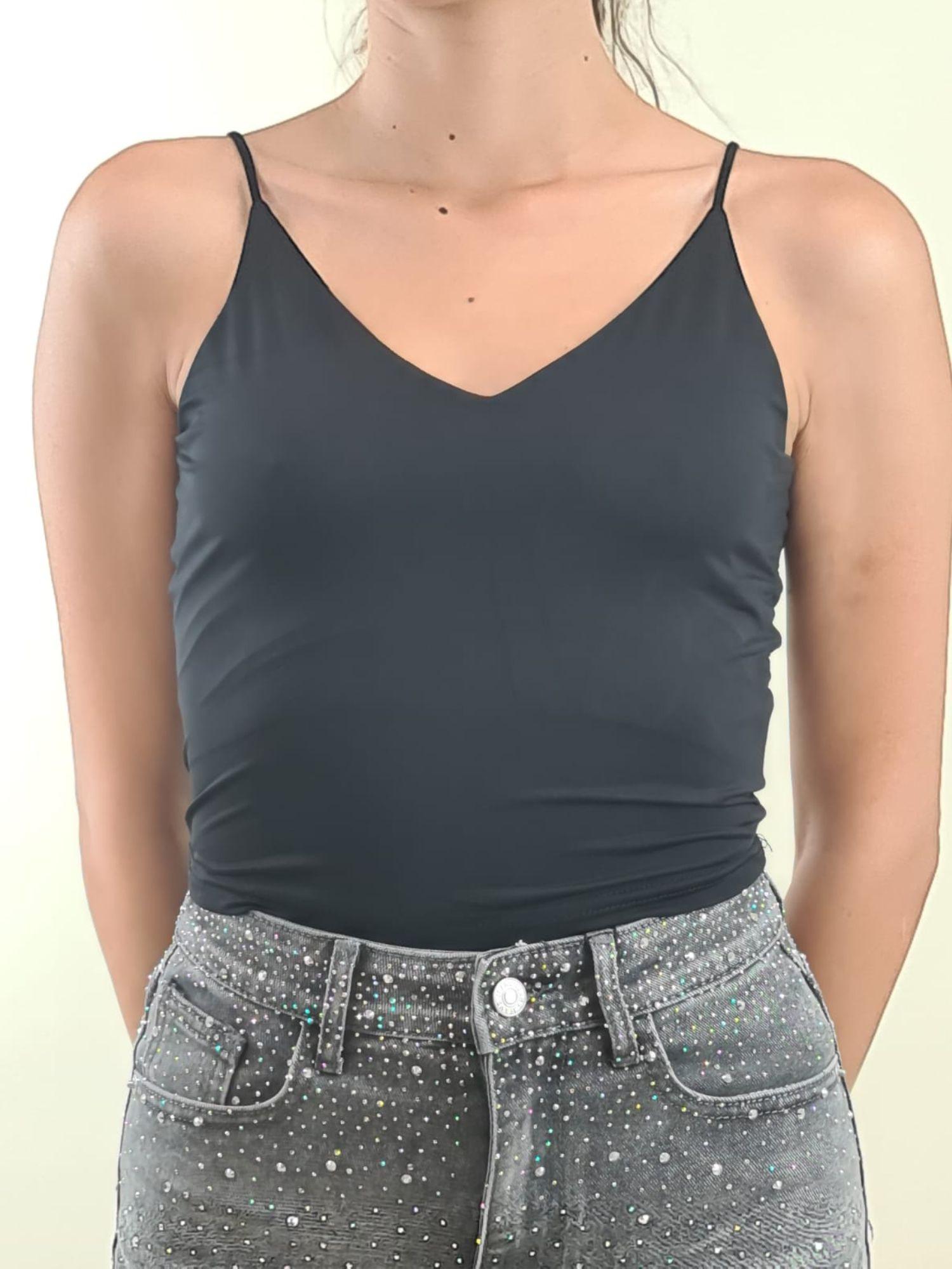 Top Donna a Spallina Stretta Corto Effetto Second Skin. V7333B NERO VINCE OTTO 