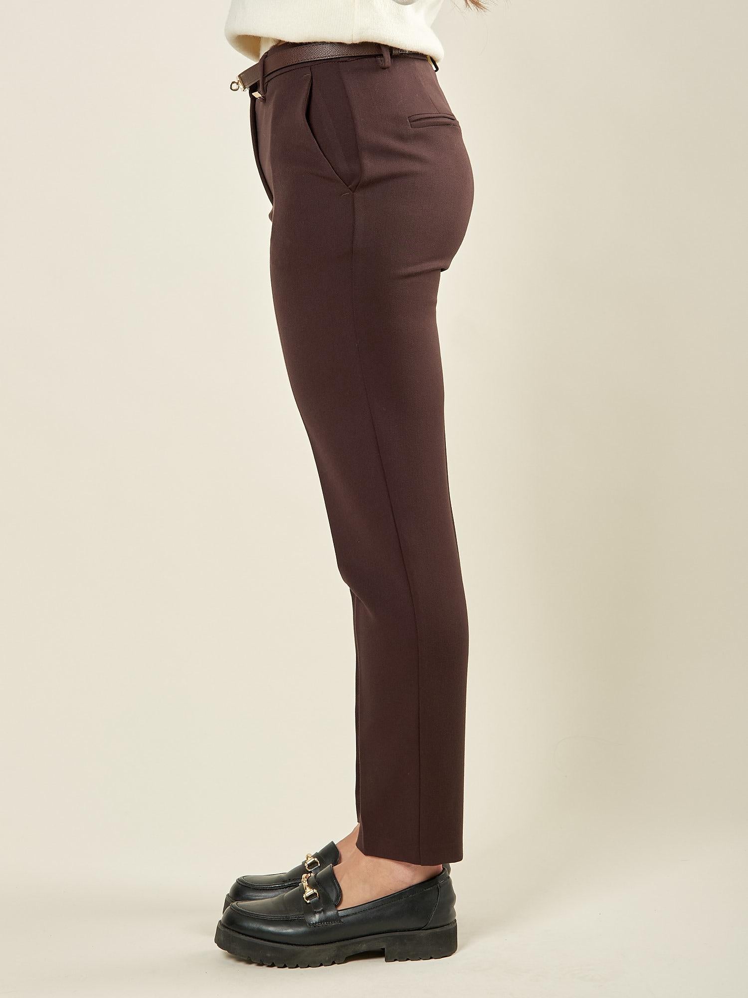 Pantalone donna a sigaretta in tessuto manolana. Eleganza essenziale e comfort sartoriale. PA003190 CACAO ARTIGLI 