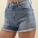 Shorts Donna in Jeans Elasticizzato con Brillantini e Sfrangiature. AMR/LS9337EC JEANS EXTASY 