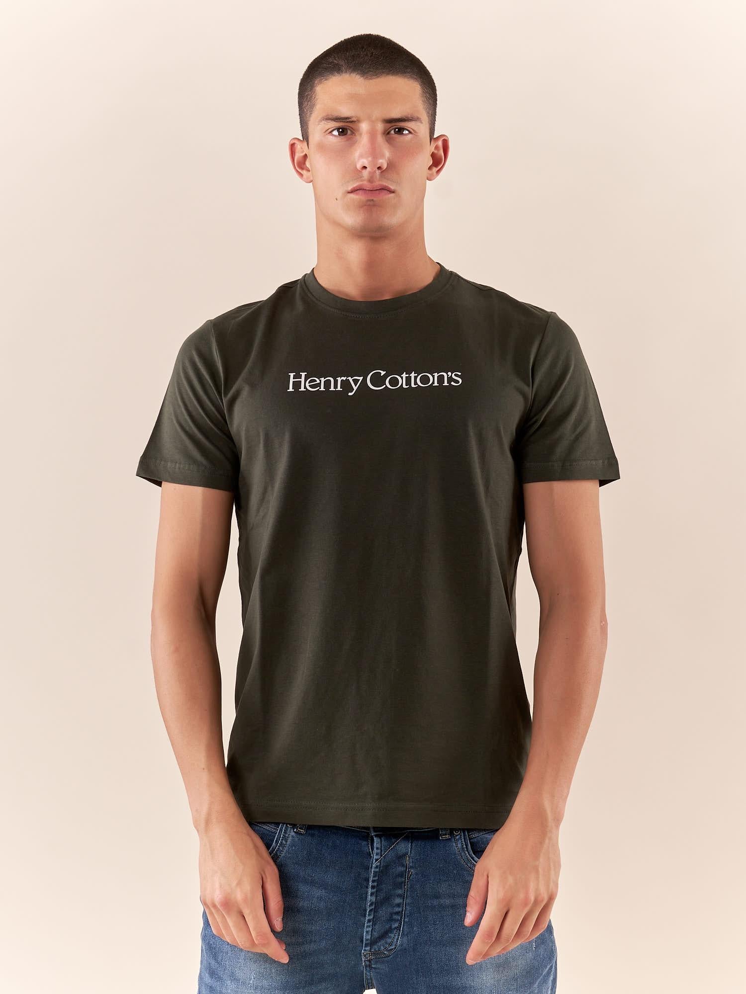T-shirt Uomo manica corta in cotone 100% con logo stampato a contrasto TS616034 VERDE Henry Cotton's 