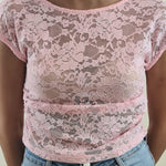 Top Donna Corto in Pizzo Trasparente a Manica Corta. V8515 ROSA VINCE OTTO 