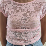 Top Donna Corto in Pizzo Trasparente a Manica Corta. V8515 ROSA VINCE OTTO 